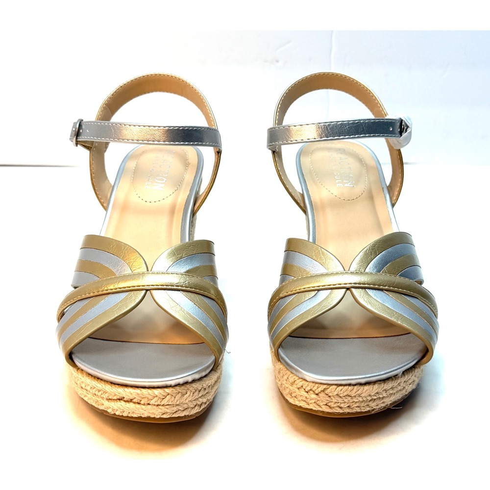 Kenneth Cole Reaction Women's Comi Almond Toe Wedge Sandals Gold Silver 6.5M NWT